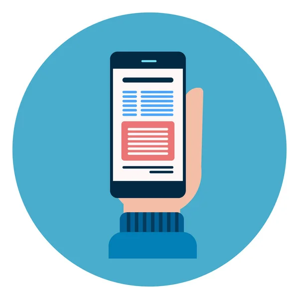 Mão segure o botão da Web do ícone do telefone inteligente no fundo azul redondo — Vetor de Stock