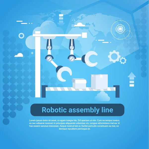 Banner web de línea de montaje robótica con espacio de copia sobre fondo azul — Archivo Imágenes Vectoriales
