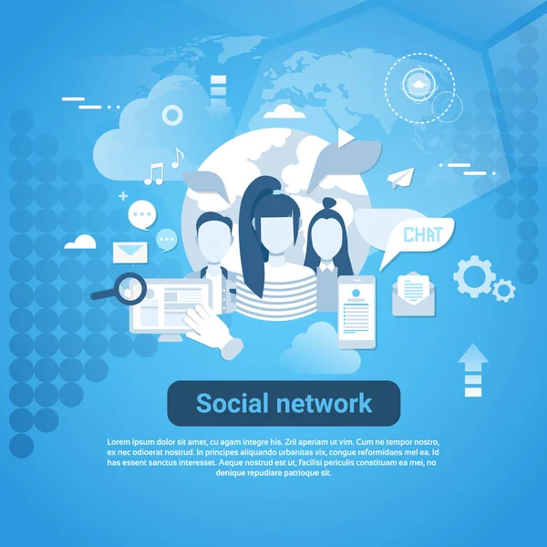 Sociala nätverk kommunikation Web Banner med kopia utrymme på blå bakgrund — Stock vektor