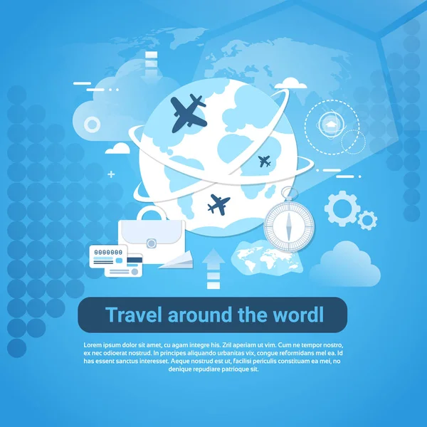 Travel Around World Web Banner with Copy Space On Blue Background — стоковый вектор