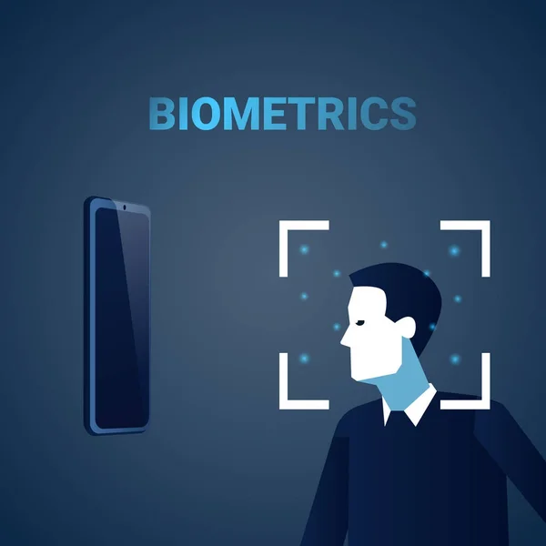 Identificación biométrica Escaneo facial masculino Moderno Control de acceso Tecnología Reconocimiento Concepto del sistema — Archivo Imágenes Vectoriales