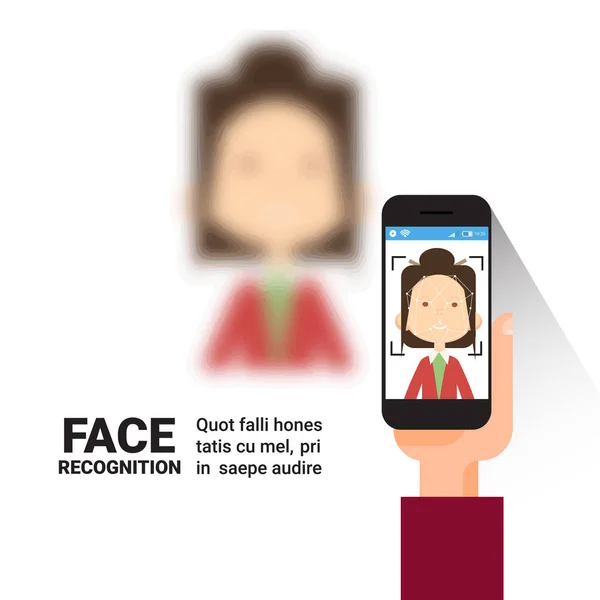 Hand met slimme telefoon scannen vrouw gezicht moderne identificatie systeem toegang technologie biometrische erkenning bedieningsconcept — Stockvector