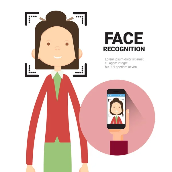 Mão de reconhecimento facial segurando o conceito moderno do sistema de identificação biométrica da mulher da varredura do telefone inteligente — Vetor de Stock