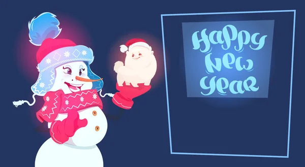 Ano novo 2018 decoração boneco de neve segurar bonito cão símbolo de cartão de saudação feriado — Vetor de Stock