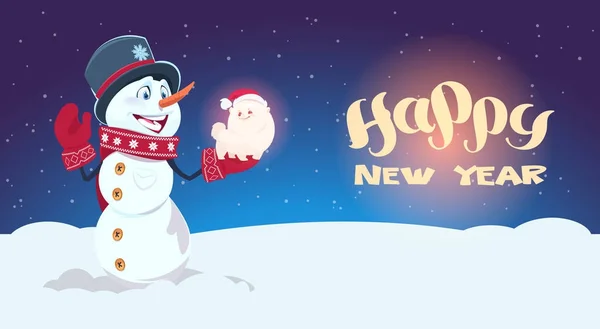 Boneco de neve segurar bonito cão símbolo do ano novo 2018 decoração feriado saudação cartão — Vetor de Stock