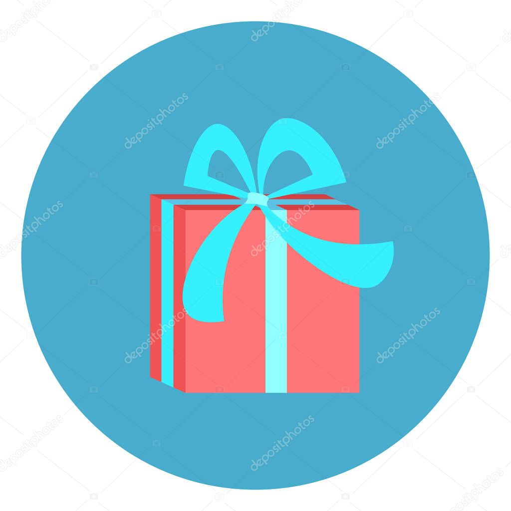 Gift Box Icon Web Button On Round Blue Background Flat Vector Illustration