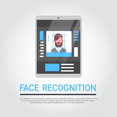 Yüz tanıma teknolojisi dijital Tablet güvenlik sistemi erkek kullanıcı Biyometrik kimlik kavramı tarama