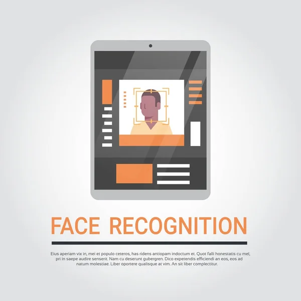얼굴 인식 기술 디지털 태블릿 보안 시스템 아프리카계 미국인 남성 사용자 생체 인식 개념 검색 — 스톡 벡터