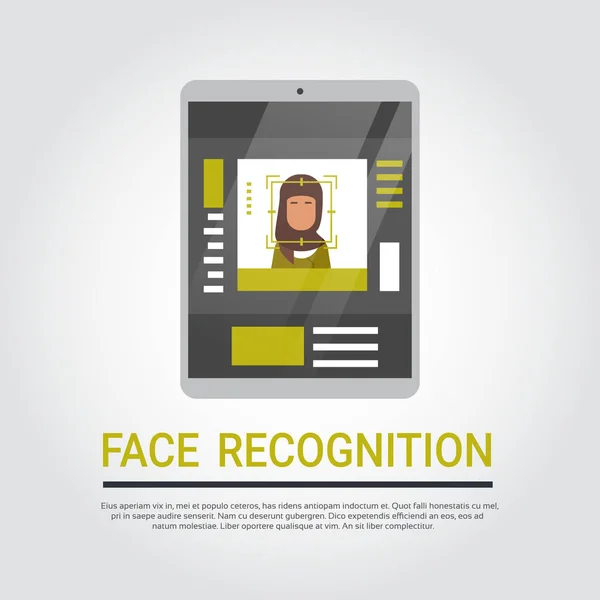 얼굴 인식 기술 디지털 태블릿 보안 시스템 이슬람 여성 사용자 생체 인식 개념 검색 — 스톡 벡터