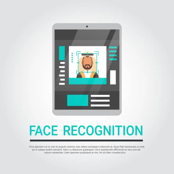 Technologie de reconnaissance faciale Système numérique de sécurité des tablettes Scanning Islamic Male User Biometric Identification Concept — Image vectorielle