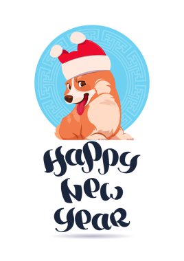 Mutlu yeni yıl 2018 tebrik kartı tasarımı ile yazı ve Corgi köpek giyen Noel Baba şapkası