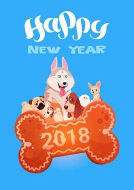 Mutlu yeni yıl 2018 tebrik kartı sevimli köpekler üzerinde kemik şekli tanımlama bilgisi ile