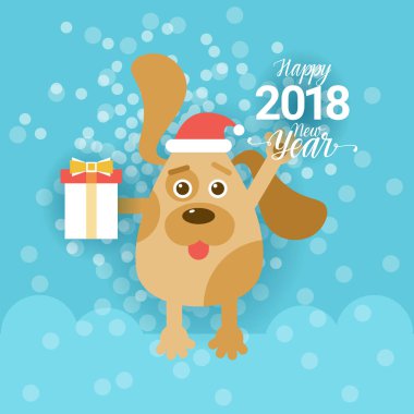 Yeni yıl 2018 tebrik kartı ile mevcut kutusu Holding ve Santa şapka giyen köpek