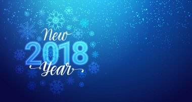 Kar taneleri Bokeh üzerinde mavi arka plan ile yeni yıl 2018 tebrik Banner