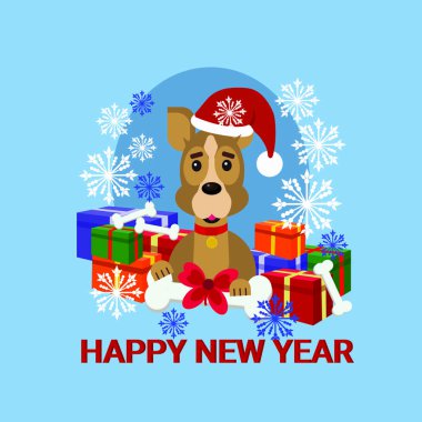 Mutlu yeni yıl tebrik kartı ile köpek giyen Noel Baba şapkası hediyeler yığını üzerinde