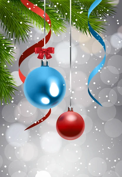 Grittering 背景にカラフルなボールでクリスマス ツリー ブランチの休日の装飾バナー — ストックベクタ