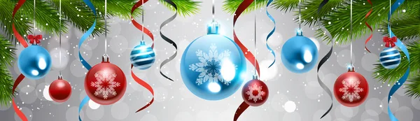 カラフルなボールの休日の装飾水平バナーをクリスマスの装飾背景松木の枝 — ストックベクタ
