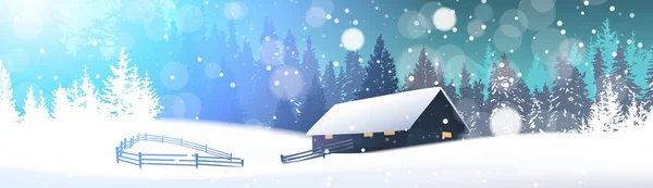 Paisaje de invierno con casa en el bosque nevado Banner horizontal — Vector de stock