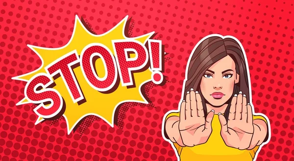 Mulher Gesturing Não or Stop Sign Pop Art Estilo Banner Fundo do ponto — Vetor de Stock