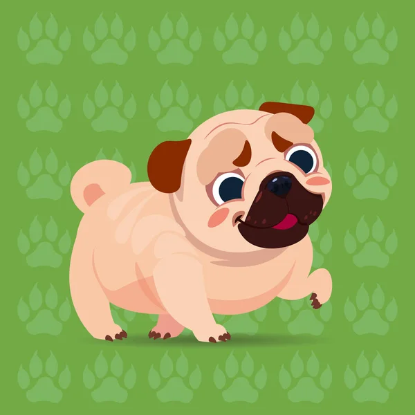 Pug Dog Happy Cartoon assis sur les empreintes de pas Arrière-plan Mignon animal de compagnie — Image vectorielle