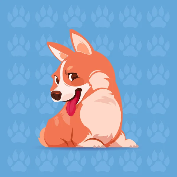 Cane Corgi felice cartone animato seduto su impronte sfondo carino animale domestico — Vettoriale Stock