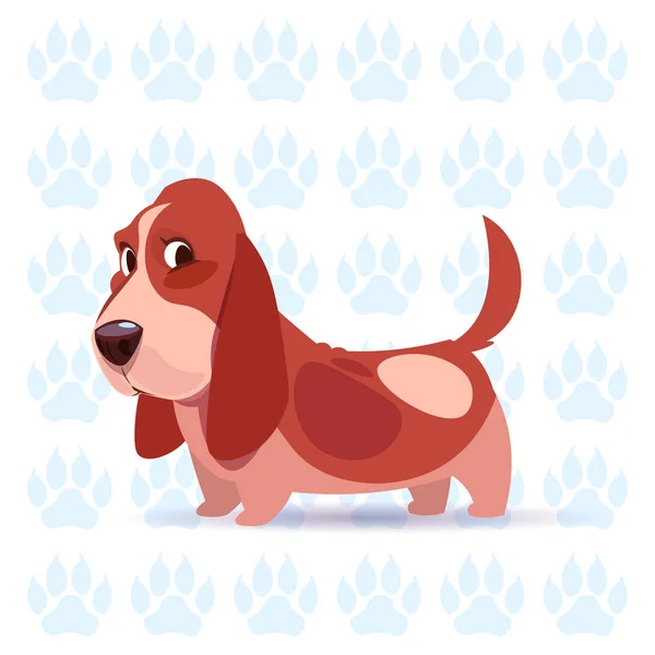 Perro basset sabueso feliz dibujos animados sentado sobre huellas fondo lindo mascota — Vector de stock