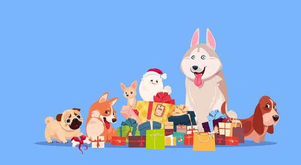 Groupe de chien mignon assis à la pile de cadeaux Synbole du Nouvel An 2018 Décoration actuelle de vacances — Image vectorielle