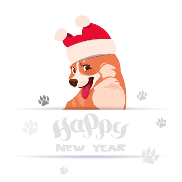 Feliz Ano Novo 2018 Projeto de cartão de saudação com letras e corgi cão vestindo chapéu de Santa sobre pés imprime em fundo branco — Vetor de Stock