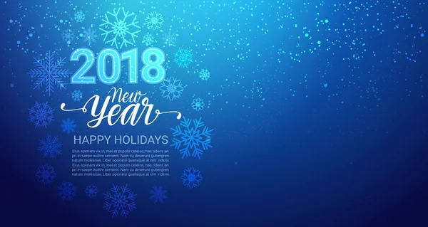 Felices Fiestas de Invierno 2018 Antecedentes brillantes copos de nieve en el diseño azul de la decoración de Año Nuevo — Vector de stock