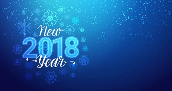 Banner de felicitación de año nuevo 2018 con copos de nieve Bokeh sobre fondo azul — Vector de stock