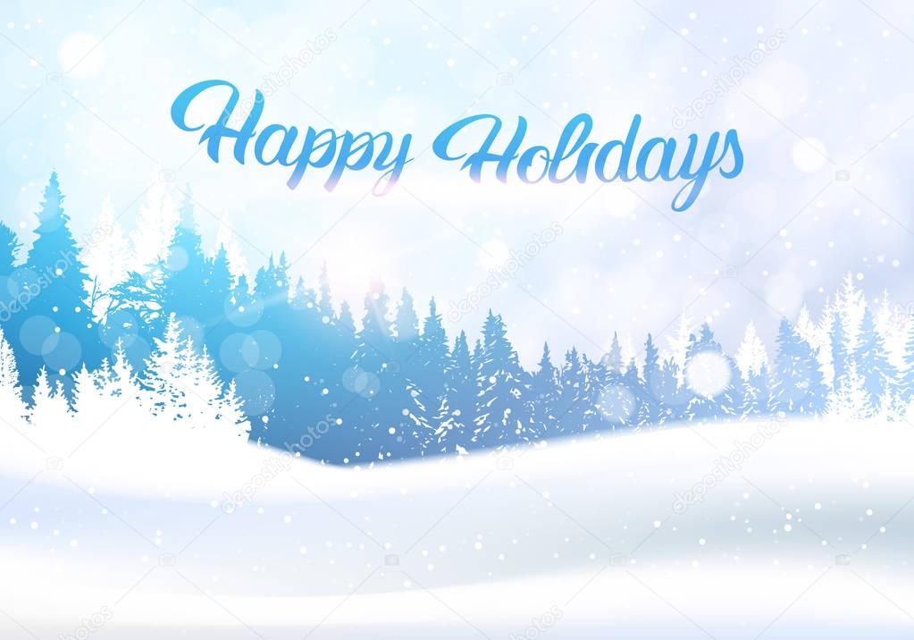 Snow Winter Forest Landscape With Happy Holidays Lettering White Snowy Pine Tree Woods Background