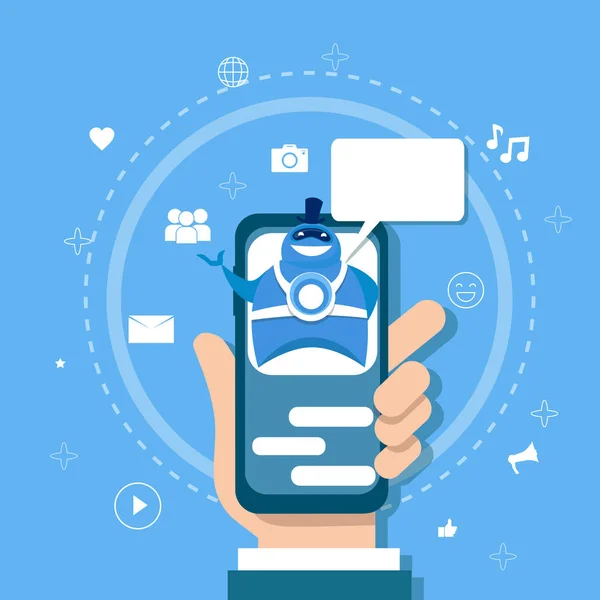 Chatbot concept support robotertechnologie digital chat bot anwendung auf smart phone vektor illustration — Stockillustration Chatbot concept support robotertechnologie digital chat bot application auf smart phone — Stockvektor