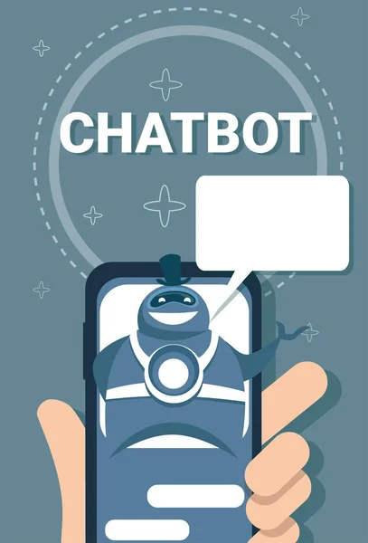 Mão segurando telefone inteligente usuário conversando com bate-papo Bot suporte on-line robô tecnologia — Vetor de Stock