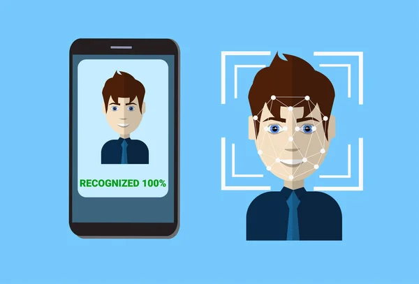 Sistema di scansione biometrica di protezione del controllo Smart Phone Scansione del viso dell'utente, concetto di tecnologia di riconoscimento facciale — Vettoriale Stock
