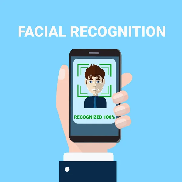 Riconoscimento facciale Concetto mano che tiene Smartphone Scansione di Maschio Viso Biometria Scansione Tecnologia di Accesso Concetto — Vettoriale Stock