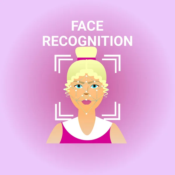 Reconhecimento facial da varredura da biometria da tecnologia moderna da identificação do ícone fêmea — Vetor de Stock