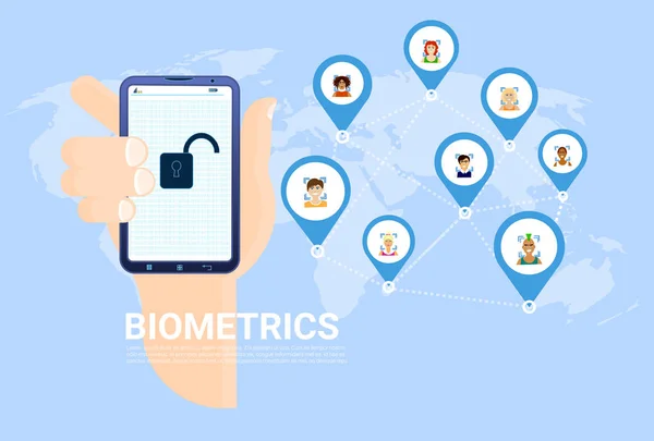 Biometrie skenování koncept ruku umístěte chytrý telefon mapa světa s funce rozpoznání obličeje uživatele — Stockový vektor