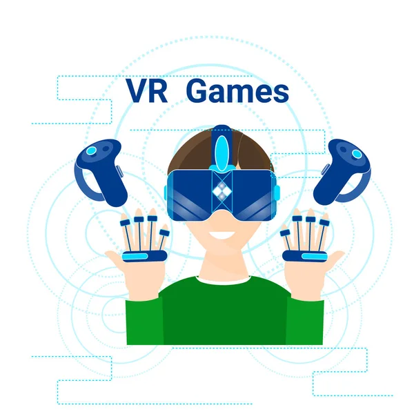 Vr Games Banner Man Wearing Virtual Reality Headset Modern Gaming Technology Concept — Stock Vector