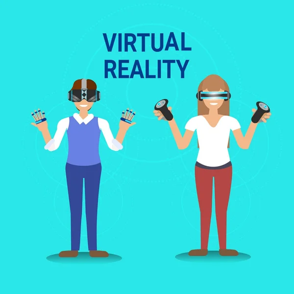 Virtual Reality Gaming Man och kvinna bär Vr glasögon håller Gamepad Modern teknik koncept — Stock vektor