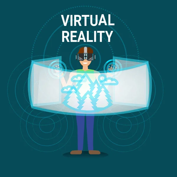 Mannen i Virtual Reality Vr glasögon använder Digitall gränssnitt moderna optisk teknik koncept — Stock vektor