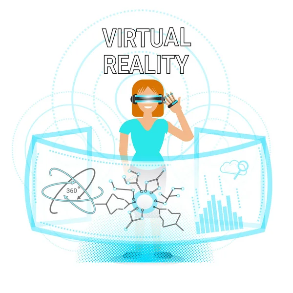 Kvinna i Virtual Reality Vr glasögon använder Digitall gränssnitt moderna optisk teknik koncept — Stock vektor
