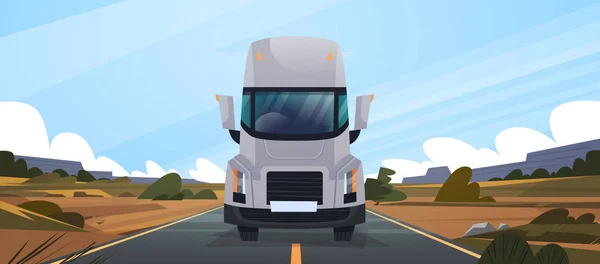 Vahicle teslim doğal peyzaj Contryside ön görünümünde yolda sürüş büyük kamyon römork — Stok Vektör