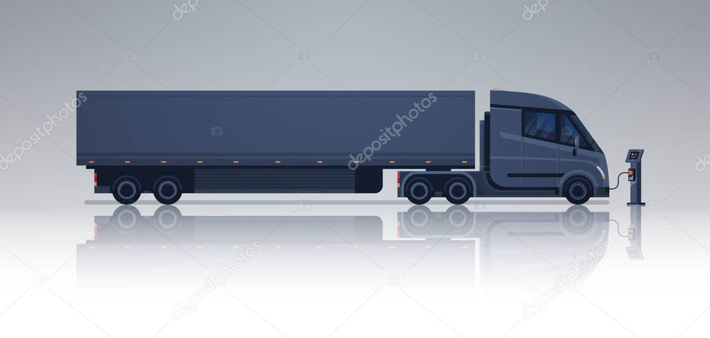 Black Semi Truck Trailer Charging At Electic Charger Station Horizontal Banner