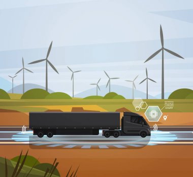 Rüzgar Trubines manzara ile alanın üzerinde sürüş büyük yarı kamyon römork