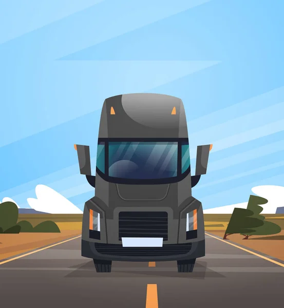 Вид спереди прицепа грузового автомобиля, движущегося по загородной дороге над пейзажем голубого неба — стоковый вектор