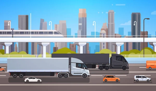 Remolques grandes del camión de la carga en la carretera con los coches y el camión sobre el concepto moderno del envío y de la entrega del fondo de la ciudad — Vector de stock