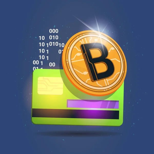 Bitcoin Over Credit Card Icon Digital Crypto Currency Modern Web Money Concept — Stock Vector