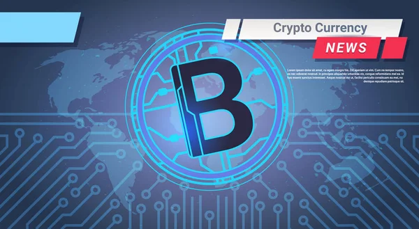 News-Bericht über Kryptowährung Bitcoin über Weltkarte auf Schaltkreis Hintergrund digitales Web-Geld-Konzept — Stockvektor