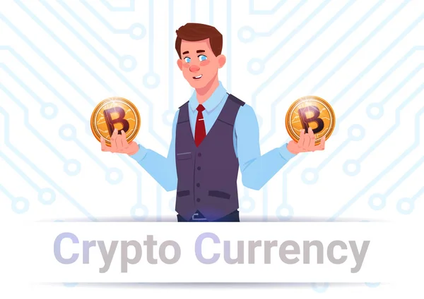 Crypto Currency Banner Uomo in possesso di Bitcoin d'oro su scheda madre Circuito di sfondo Digital Web Money Concept — Vettoriale Stock