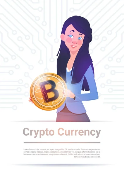 Crypto Currency Banner Donna con Bitcoin dorato sullo sfondo del circuito madre Digital Web Money Concept — Vettoriale Stock